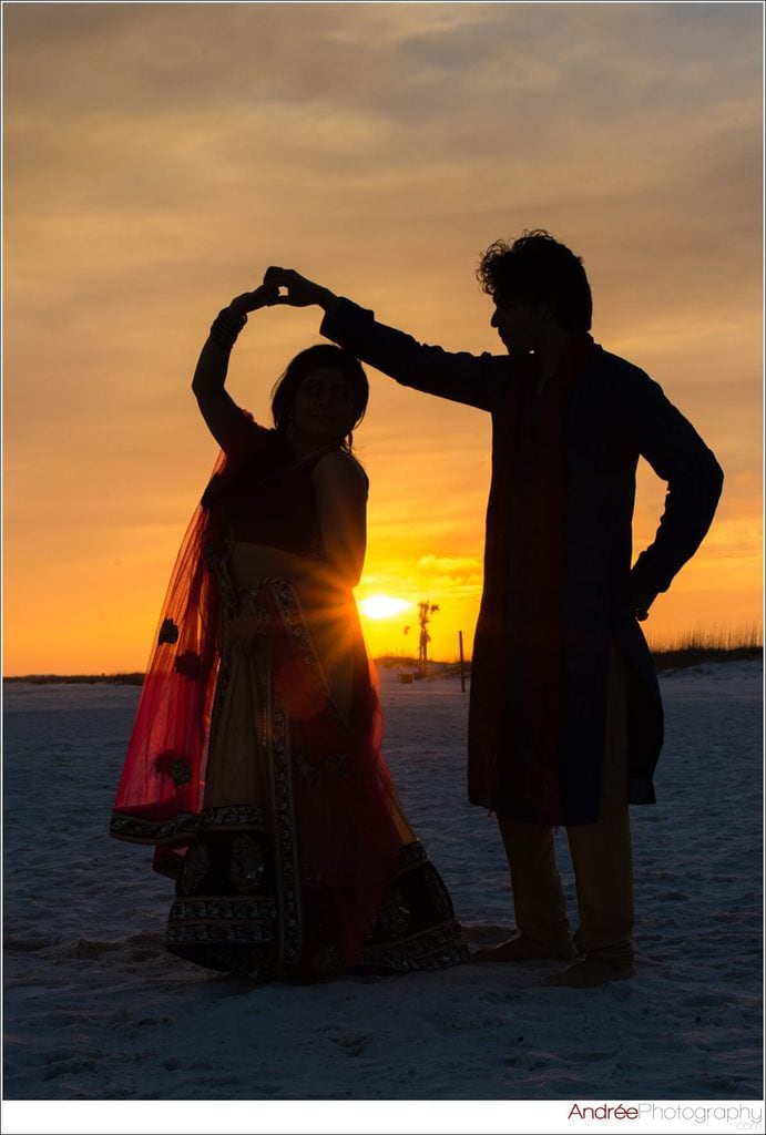 indian wedding photos with couple at sunset